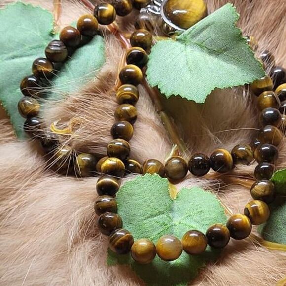 New, Stamped, Tiger's Eye Double Row Beaded Stretch Bracelet in Stainless Steel - Picture 5 of 9